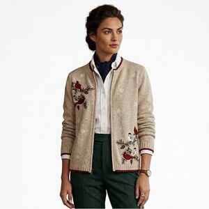 Vintage Croft & Barrow Silk Blend Bird Detail Holiday Zip Front Sweater Size XL